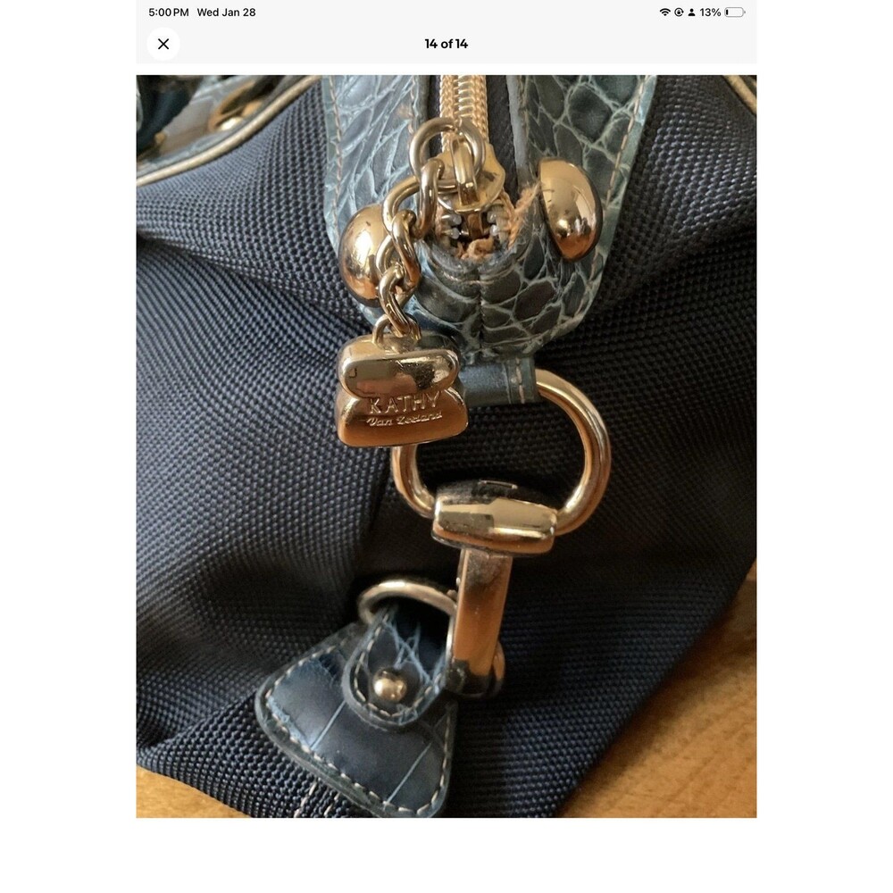 Kathy Van Zeeland Blue Denim & Faux Leather Satchel Bag/Purse Grommets/Studs - Picture 12 of 12